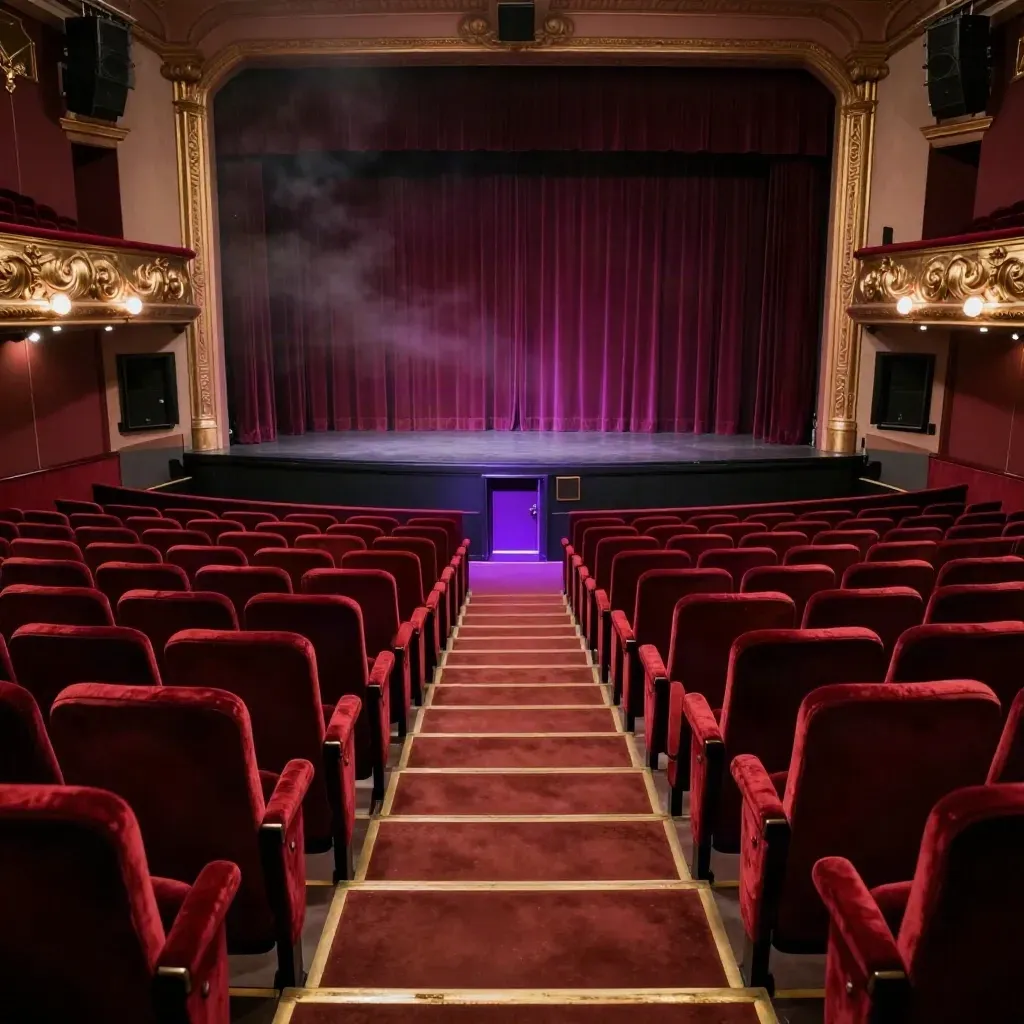 Platea vuota di teatro al termine dello spettacolo, con corridoio centrale e sipario chiuso.