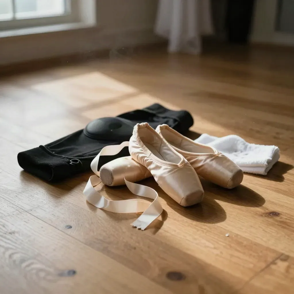 Scarpette da punta consumate, ginocchiere e salvietta sul pavimento di una sala danza.