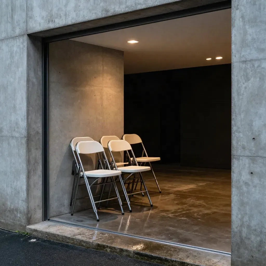 Foyer di galleria dopo la pioggia, sedie pieghevoli impilate e apertura buia verso il teatro.
