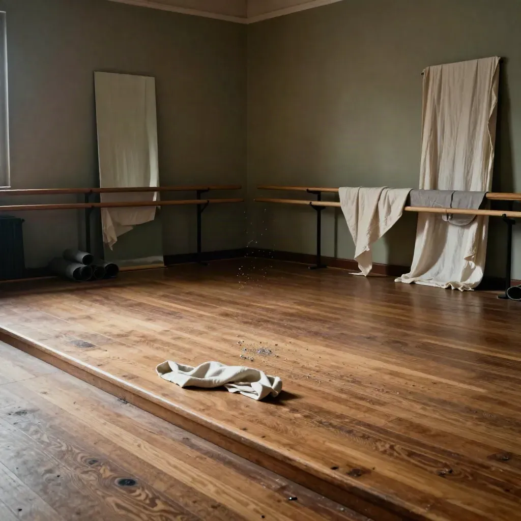 Sala prove torinese con teli sugli specchi, tappetini arrotolati e luce calda radente.