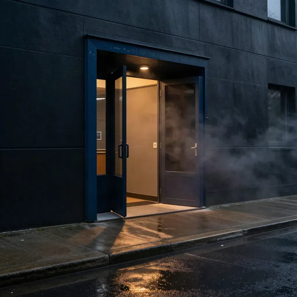 Ingresso di un black-box milanese di notte, porta socchiusa, pioggia e riflessi sull’asfalto.