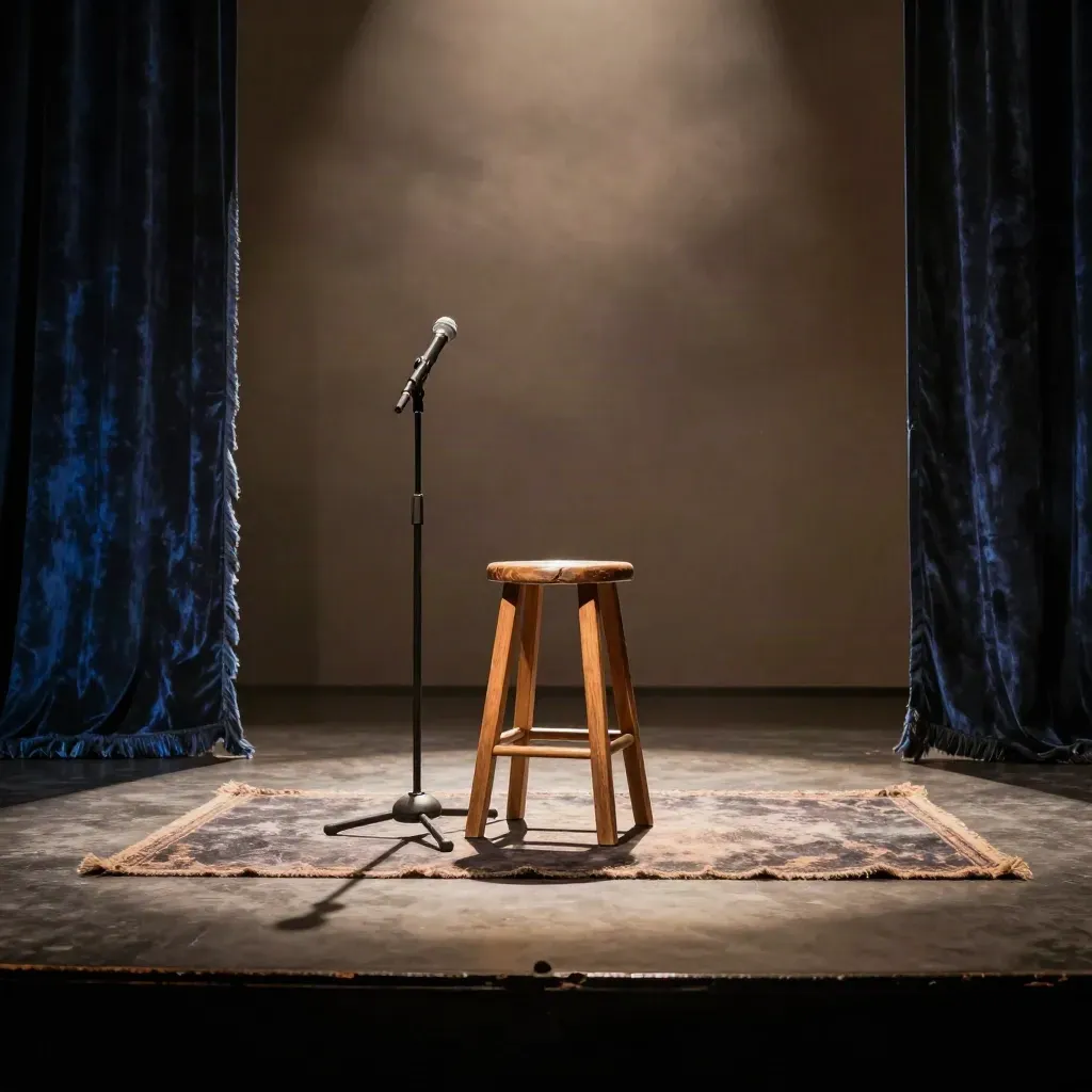 Palco napoletano minimale con sgabello, microfono basso e luce calda sul centro.
