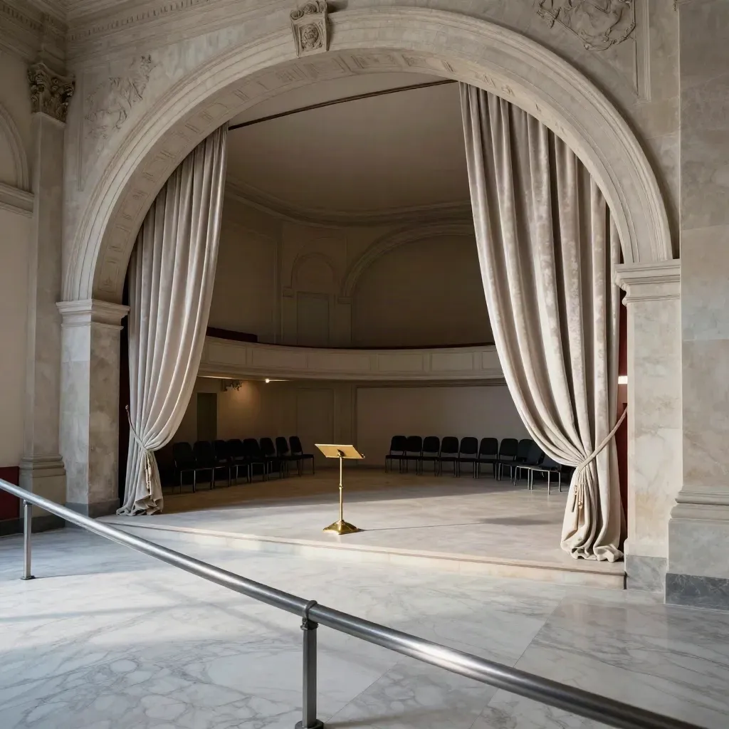 Sala fiorentina con arco in pietra, tenda chiara e pavimento marmoreo, vuota nel tardo pomeriggio.