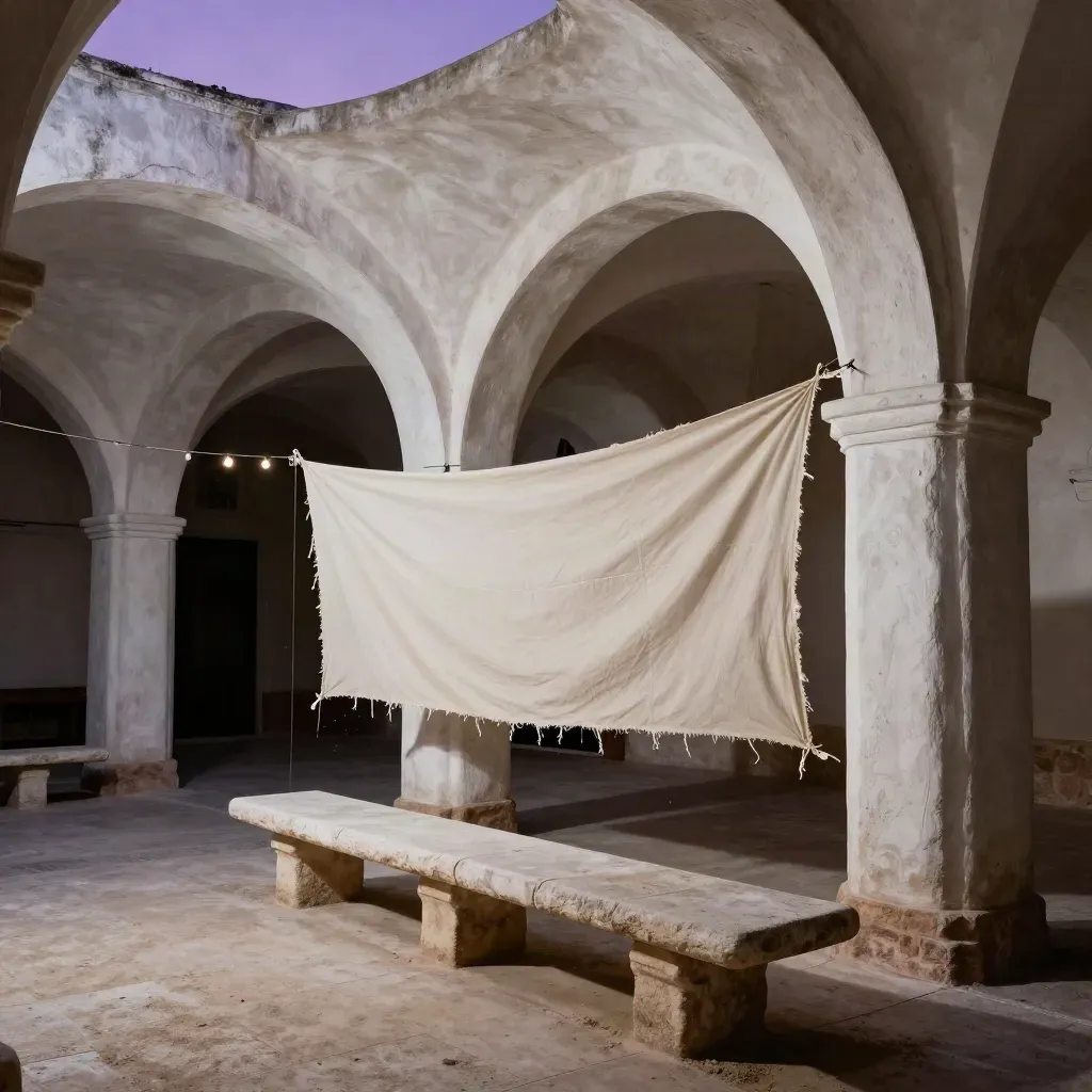 Cortile teatrale palermitano al tramonto con archi, panca di pietra e wing di tela, tocco violetto.