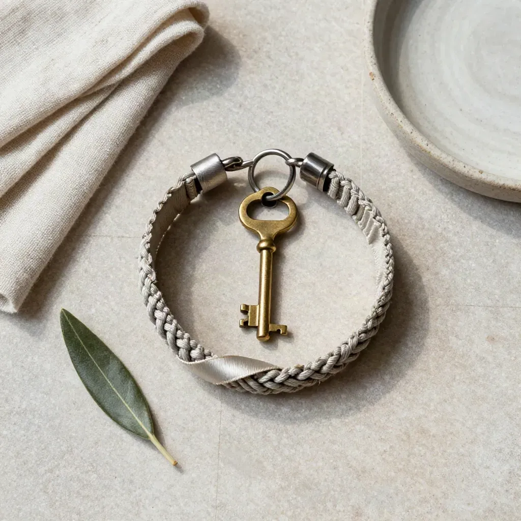 Bracciale da festival con chiave d’ottone, foglia d’ulivo, lino e ciotola su pietra.