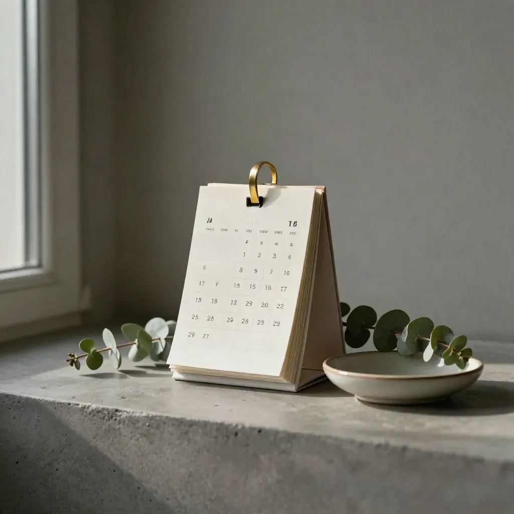 Schede calendario neutre con eucalipto e piatto in ceramica su mensola di pietra.